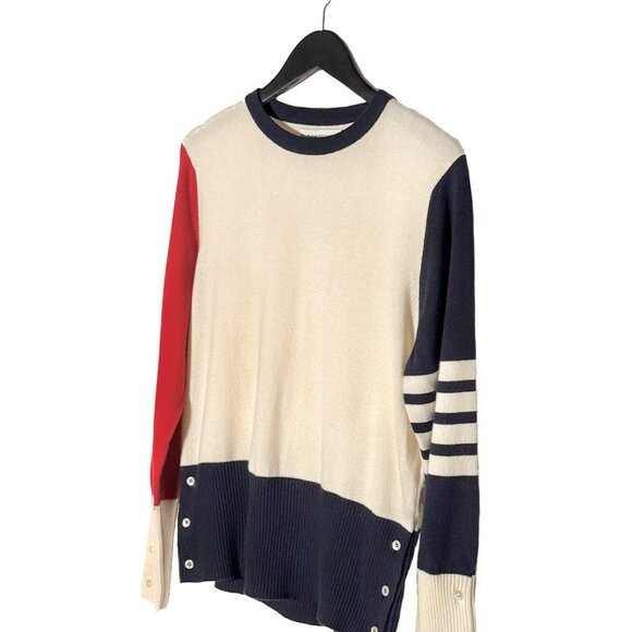 Thom Browne Ivory Colourblock Red Navy Cashmere Crewneck Sweater - Picture 2 of 9